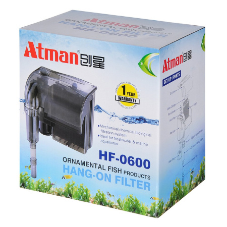 Atman ATM-HF-0600 Фильтр рюкзачный для аквариумов до 100 л, 660 л/ч, 6W с поверхностным скиммером (черный корпус)